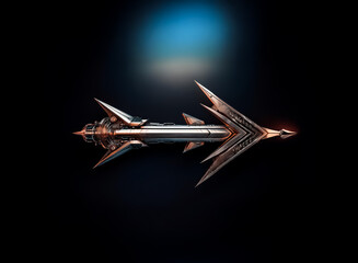 Poster - Futuristic metallic arrow object with sharp, pointy edges, centrally positioned on a dark backdrop with a subtle light source.