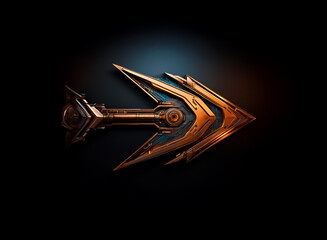 Aufkleber - Ornate golden arrow, mechanical and detailed, points right. Metallic texture with blue light on dark background. Single object isolated.