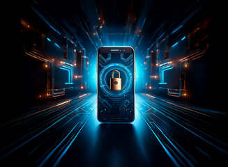Poster - A smartphone displays a golden padlock icon on screen, illuminated by blue and orange digital lines against a dark background, representing technology and security.