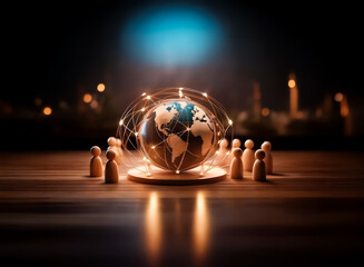 Fototapete - A glowing globe encircled by light strands sits on a wooden surface, surrounded by small wooden figures against a blurred, dark backdrop.