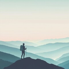 Aufkleber - Hiker standing on mountain ridge with open space for text, surrounded by tranquil, layered hills at dusk. Generative AI