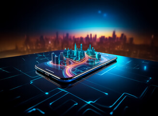 Poster - Futuristic city hologram is projected from a mobile phone, displaying a vibrant cityscape with glowing buildings and roads on a digital surface.
