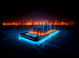 Fototapete - Futuristic cityscape hologram projecting from a glowing smartphone screen in the dark, illuminated by blue and orange light.