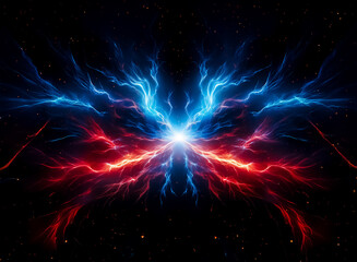 Fototapete - Vibrant energy streams in electric blue and fiery red, radiating symmetrically from a central bright point against a dark cosmic backdrop.