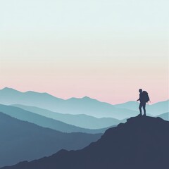 Aufkleber - Hiker with backpack stands on mountain ridge enjoying panoramic view of peaks during twilight. Generative AI