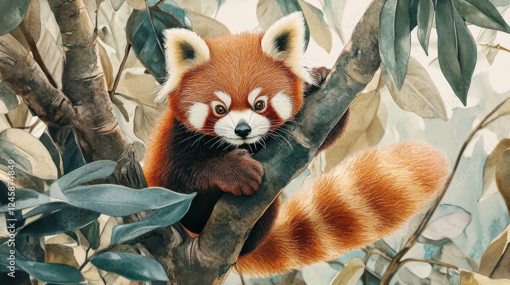Delightful watercolor painting of a baby red panda climbing a tree ...