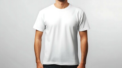 Wall Mural - A plain white T-shirt mockup worn by a 45-year-old Taiwanese male model with short hair, standing front-facing in a professional studio with bright white background lighting. The image is highly