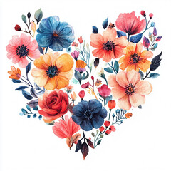 Wall Mural - A heart made of flowers is painted in watercolor. The flowers are of various colors and sizes, and they are arranged in a way that creates a sense of movement and life