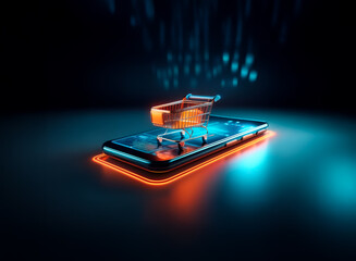 Poster - Neon shopping cart on phone screen, futuristic e-commerce concept with orange and blue lights on a dark background. Online retail and digital purchase.