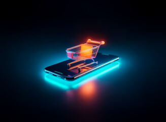 Poster - A miniature shopping cart rests atop a glowing smartphone, bathed in vibrant neon light. The scene symbolizes online shopping and modern digital retail experiences with a futuristic aesthetic.