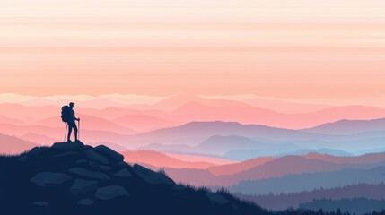 Poster - Hiker stands on mountain ridge at sunset against colorful sky with open space for text. Generative AI