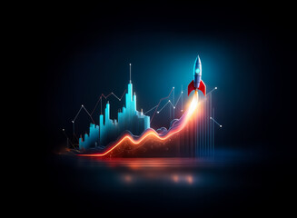 Poster - Rocket launches against a financial chart, symbolizing rapid growth and upward trends in a dark backdrop.  Vibrant colors highlight the rocket and chart's dynamic movement.