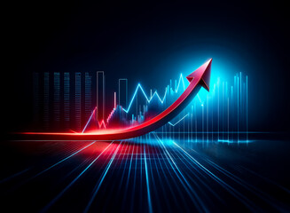 Leinwandbilder - Vibrant red arrow ascends over glowing bars on a dark backdrop, symbolizing progress and growth with futuristic neon lights and dynamic reflections.