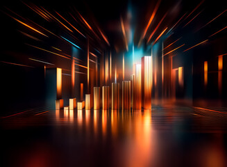 Poster - Golden bars ascend on a reflective surface, symbolizing financial growth against a vibrant, blurred background, representing upward trend and progress.