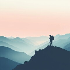 Aufkleber - Hiking on mountain ridge with backpack at sunrise revealing breathtaking valley views with open space for text. Generative AI