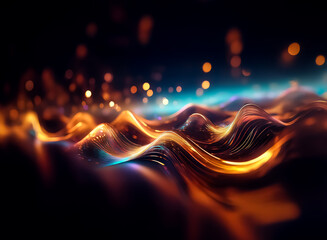 Leinwandbilder - Abstract waves of vibrant orange and blue lights gracefully flow across a dark background. Bokeh lights add depth and a reflective surface enhances the dynamic motion.