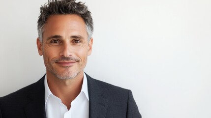 Smiling professional man in formal suit with grey hair posing against plain light background with Copy Space for text