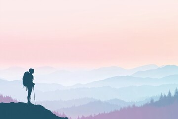 Aufkleber - Silhouette of a hiker on a mountain ridge during sunrise surrounded by vast open space for adventure introspection. Generative AI