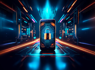 Poster - A secure smartphone displays a lock icon, illuminated by vibrant blue and orange light streaks, signifying digital protection in a futuristic cyber environment.