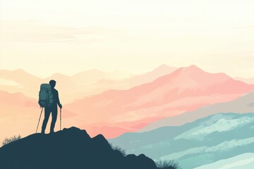 Aufkleber - Silhouette of hiker on mountain ridge enjoying vast landscape at sunset with space for text. Generative AI