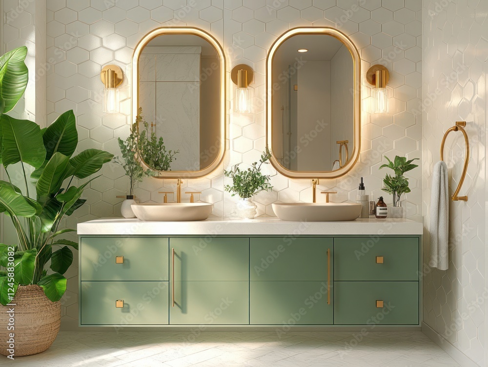 modern bathroom interior with green vanity gold hardware large mirrors ...