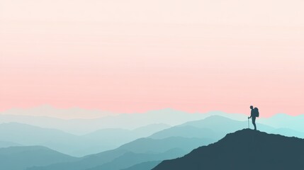 Wall Mural - Silhouette of a hiker on a mountain ridge at sunset with open space for adventurous quotes or thoughts. Generative AI