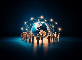 Fototapete - A group of stylized figures encircles a glowing globe in the darkness. Lines of light connect the figures and the world, illuminated from above.