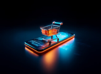Poster - A neon shopping cart rests on a brightly lit smartphone, symbolizing digital retail and the futuristic landscape of online purchasing.