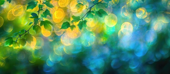 Sticker - Nature-inspired abstract light bokeh with vibrant colors and soft leaves, ideal for backgrounds or wallpapers.