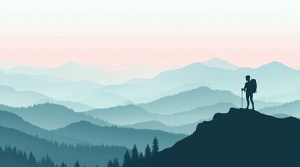 Aufkleber - Silhouette of a hiker on a mountain ridge during dusk with space for motivational text. Generative AI