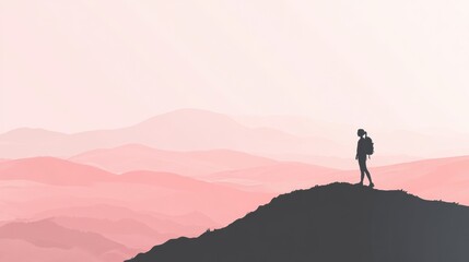 Aufkleber - Silhouette of a hiker with a backpack standing on a mountain ridge during sunset. Generative AI