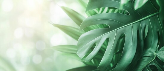 Wall Mural - lush green abstract background featuring close-up details of palm leaves and soft natural lighting