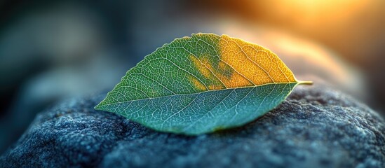 Sticker - Green leaf with detailed veins on a textured stone surface in soft focus highlighting organic minimalism and natural beauty in morning light