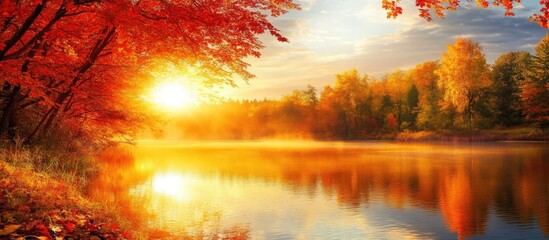 Wall Mural - Vibrant Autumn Landscape with Colorful Foliage and Sunlight Reflecting on Serene Lake at Sunset