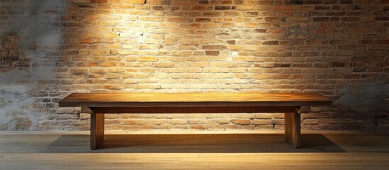Wall Mural - empty wooden table against a textured brick wall illuminated by warm light creating a rustic and inv