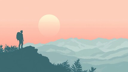 Aufkleber - Hiker stands on mountain ridge at sunset with open space for motivational text. Generative AI