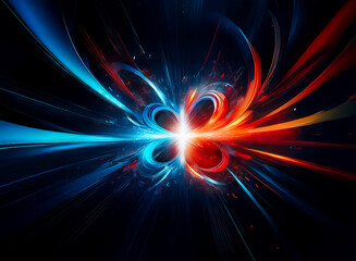 Aufkleber - An abstract fractal design featuring dynamic swirling blue and red shapes radiating from a central bright point against a dark backdrop, creating an energetic and vibrant visual.