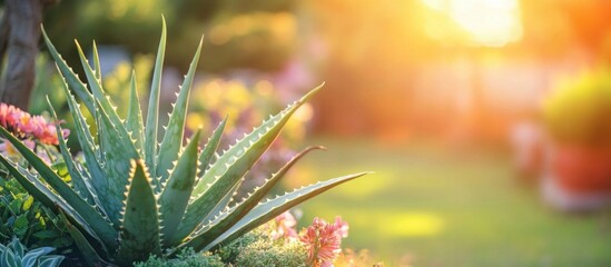 Sticker - Aloe vera plant thriving in a vibrant garden setting with warm sunlight filtering through the greenery in the background.