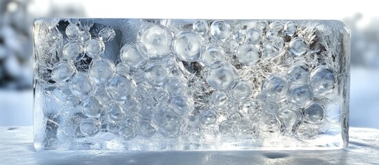 Wall Mural - textured block of crystal clear ice with trapped air bubbles contrasting against a blurred snowy bac