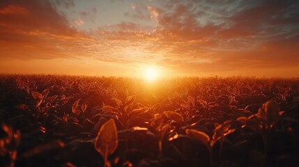 Wall Mural - Serene autumn sunset over a lush spinach field enveloped in cool air and golden light.