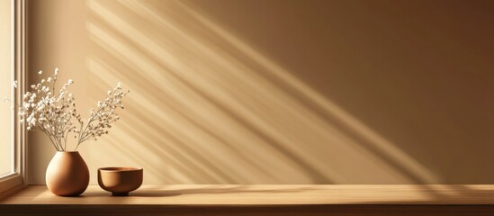 Wall Mural - elegant light brown interior with soft shadows highlighting a minimalist vase and bowl on a wooden t