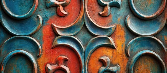 Canvas Print - Colorful abstract wall pattern texture with intricate designs and rich hues of blue, orange, and red for artistic background use.