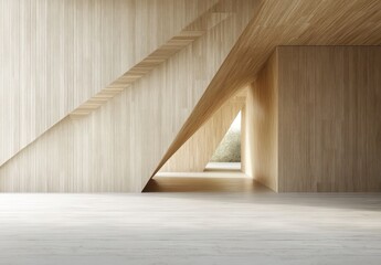 Aufkleber - Modern Minimalist Interior Space with Angular Wooden Walls and Natural Light