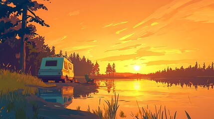 Wall Mural - Camper Van by Tranquil Lake at Sunset.