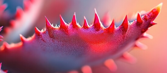 Sticker - Abstract close-up of a succulent leaf featuring striking red thorns with a soft blurred background highlighting its unique textures and colors.