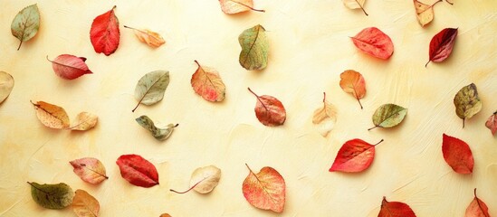 Wall Mural - Autumn foliage composition featuring vibrant red and green leaves scattered on a soft yellow background for seasonal decor or design.