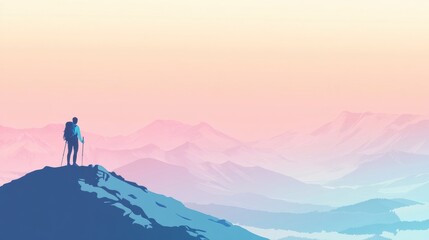 Aufkleber - Silhouette of hiker standing on mountain ridge at sunset with open space for inspirational text. Generative AI