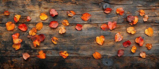 Wall Mural - Vibrant autumn leaves scattered on rustic wooden surface creating a warm seasonal atmosphere for nature-themed designs and projects.