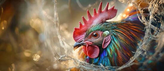 Colorful close-up of a beautiful rooster caught in a net showcasing vibrant feathers and intricate details in a natural setting