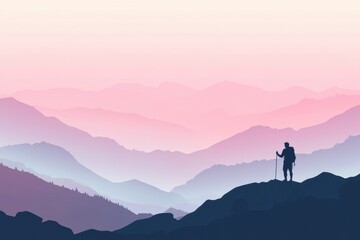 Poster - Hiker with backpack overlooking vast mountain range during sunset with serene atmosphere. Generative AI